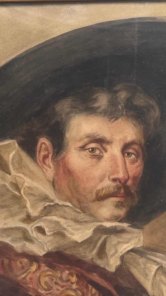 Portrait of a man with a mustache wearing a high collar and dark hat.