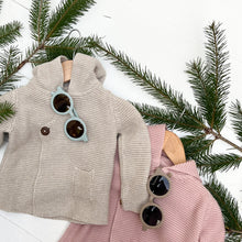 Load image into Gallery viewer, rose pink colored baby sweater with hood, small pocket and two wood toggle buttons