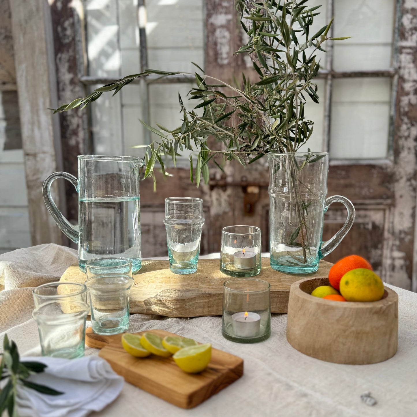 lightly green tinted recycled Moroccan glass pitcher