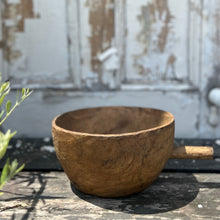 Load image into Gallery viewer, rustic hand carved wood bowl with handle on one side