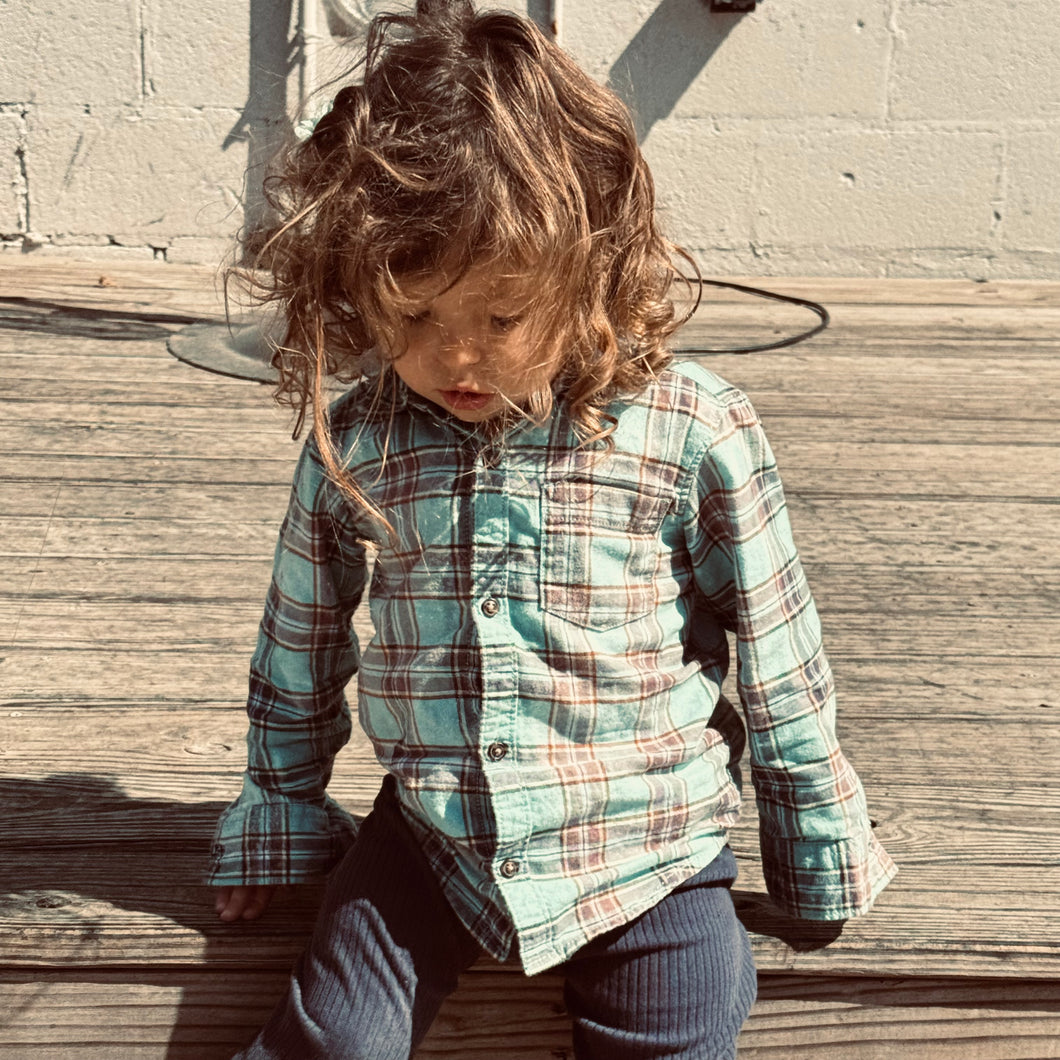 turquoise and brown flannel kids shirt