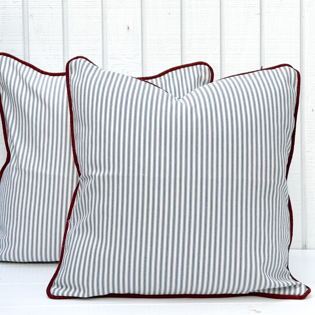 Tara Ticking Pillow w/Red Piping