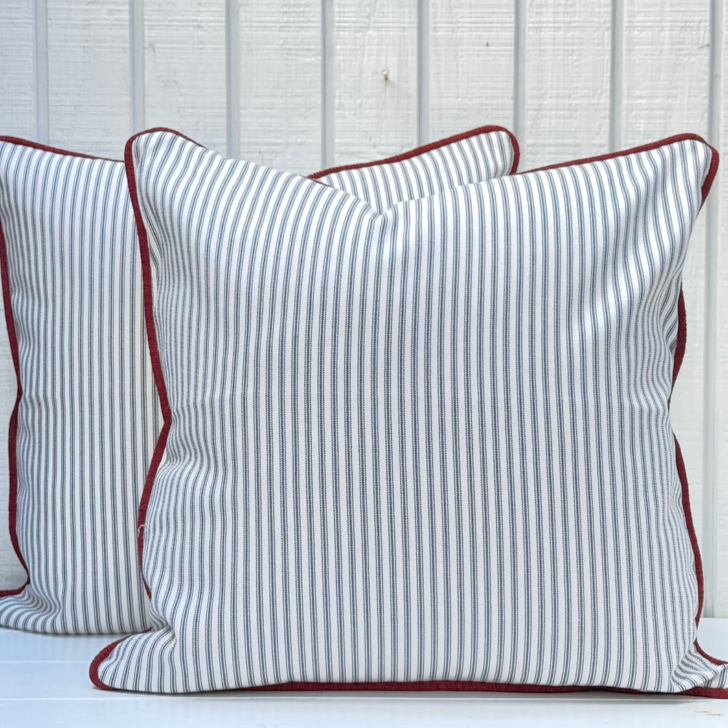 Tara Ticking Pillow w/Red Piping