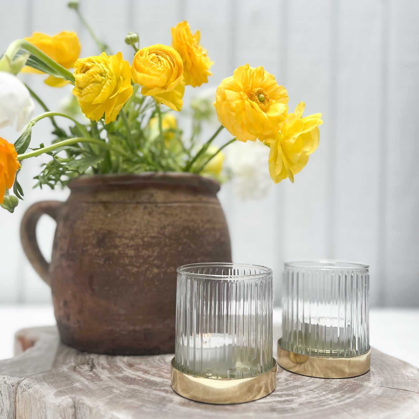 fluted glass candle votive with brass base