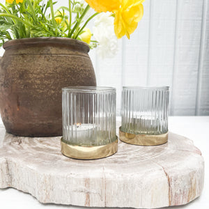 fluted glass candle votive with brass base
