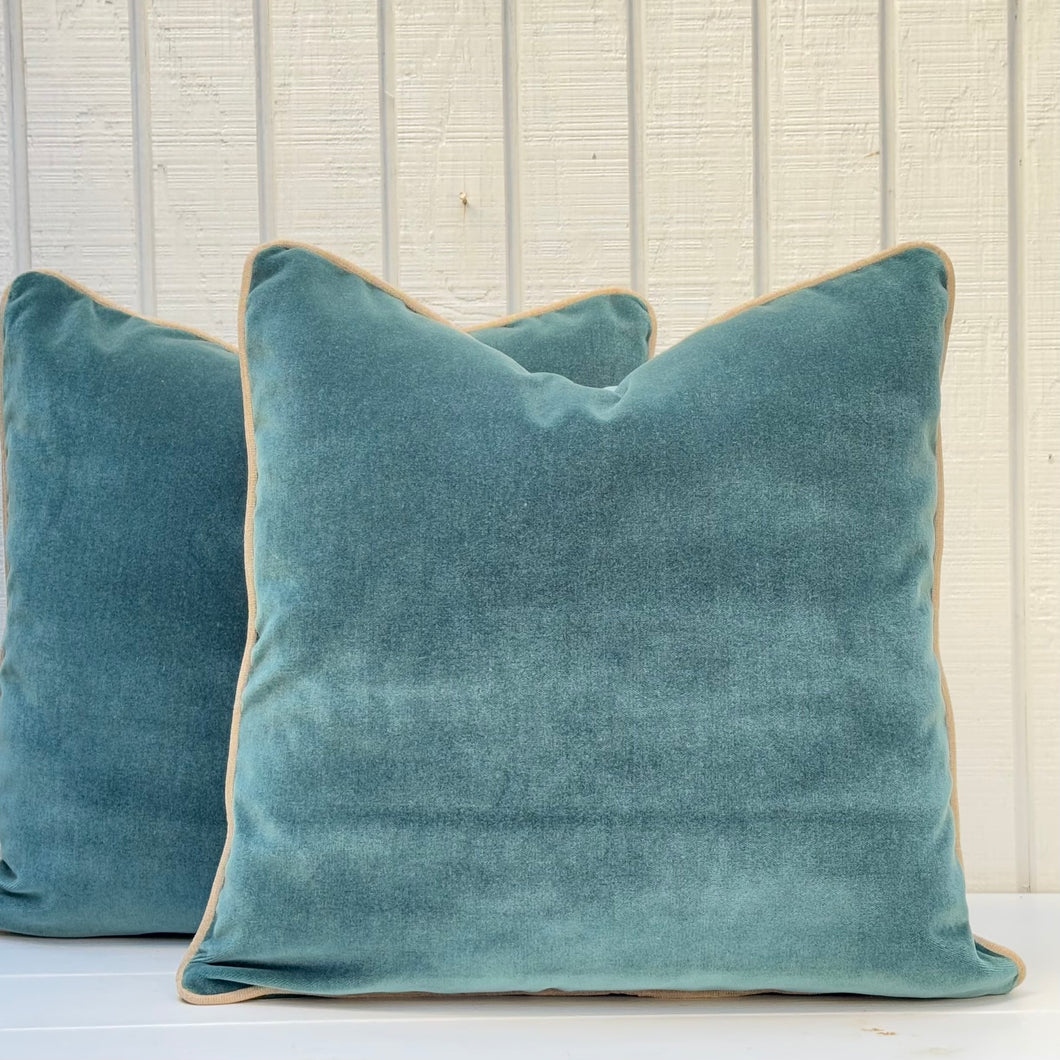 Vivian Teal Velvet Pillow w/Yellow Piping