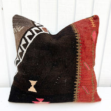 Load image into Gallery viewer, salmon red, brown and black colored Turkish rug pillow