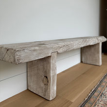 Load image into Gallery viewer, Rustic wood bench with thick slabs of distressed wood