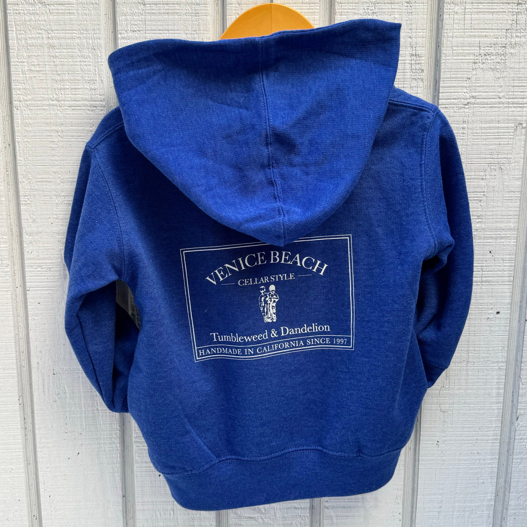 blue toddler hoodie with white T&D Venice Beach logo in white on the back