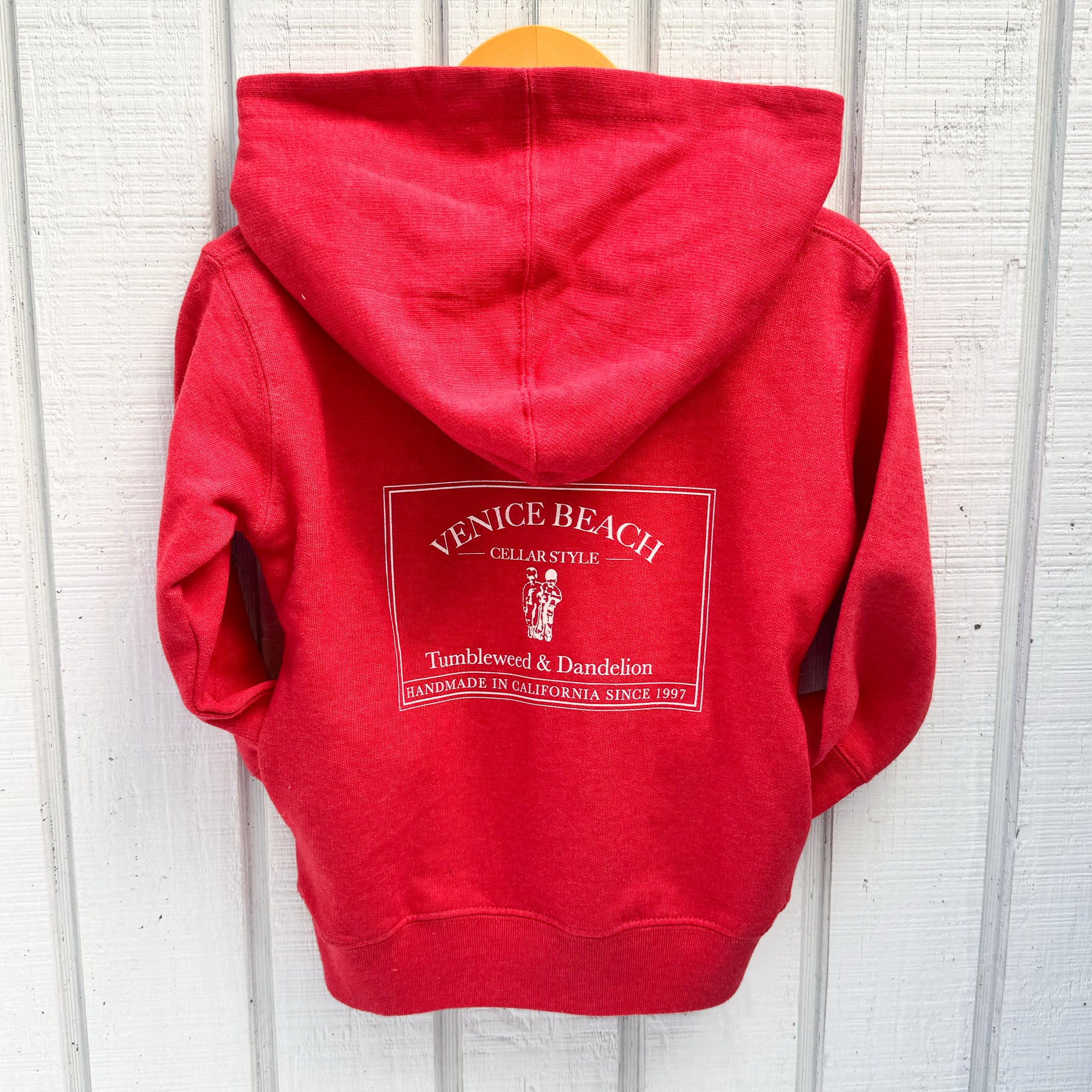 red toddler hoodie with Venice Beach logo in white