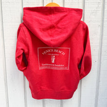 Load image into Gallery viewer, red toddler hoodie with Venice Beach logo in white