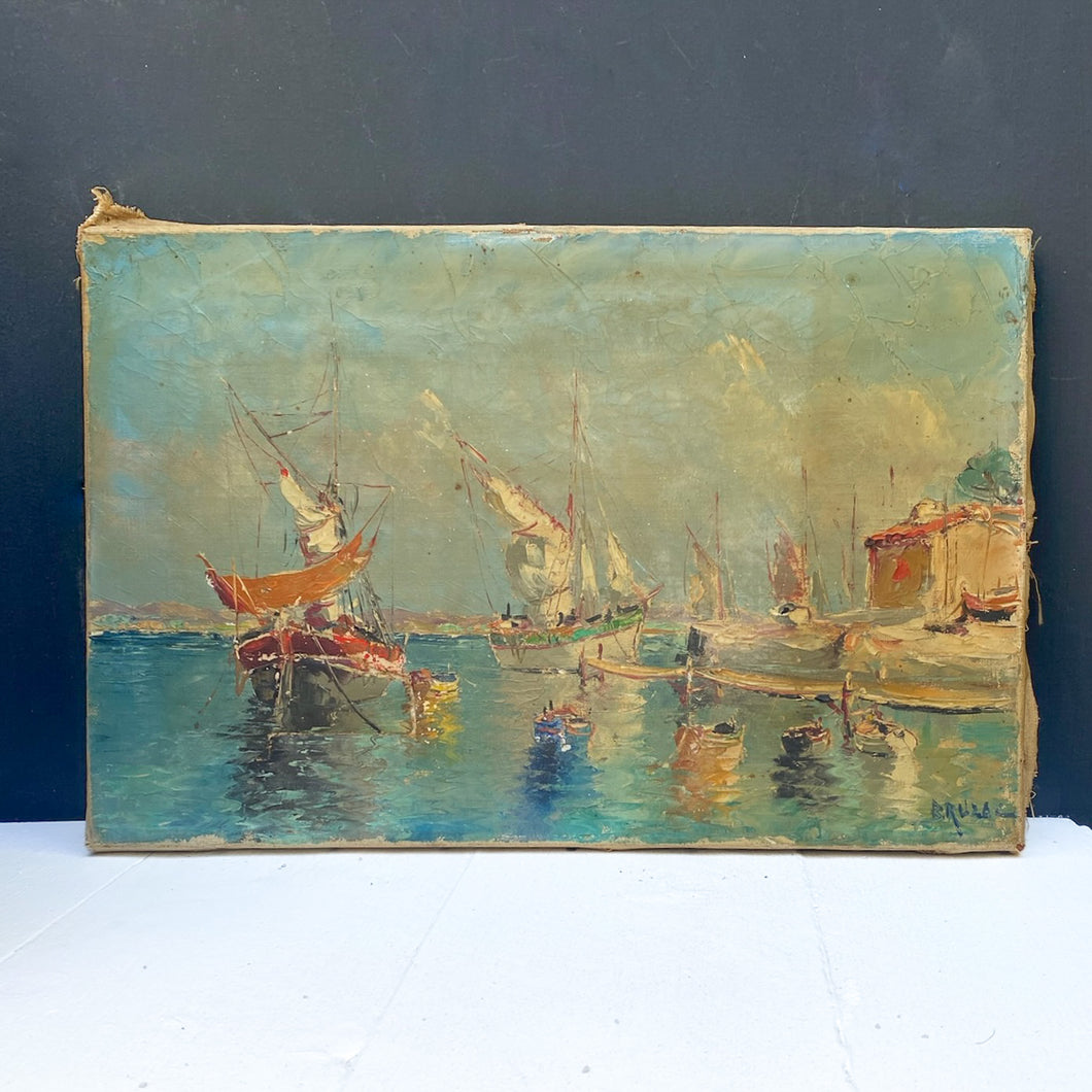 Sailing Ships in Harbor Vintage French Painting