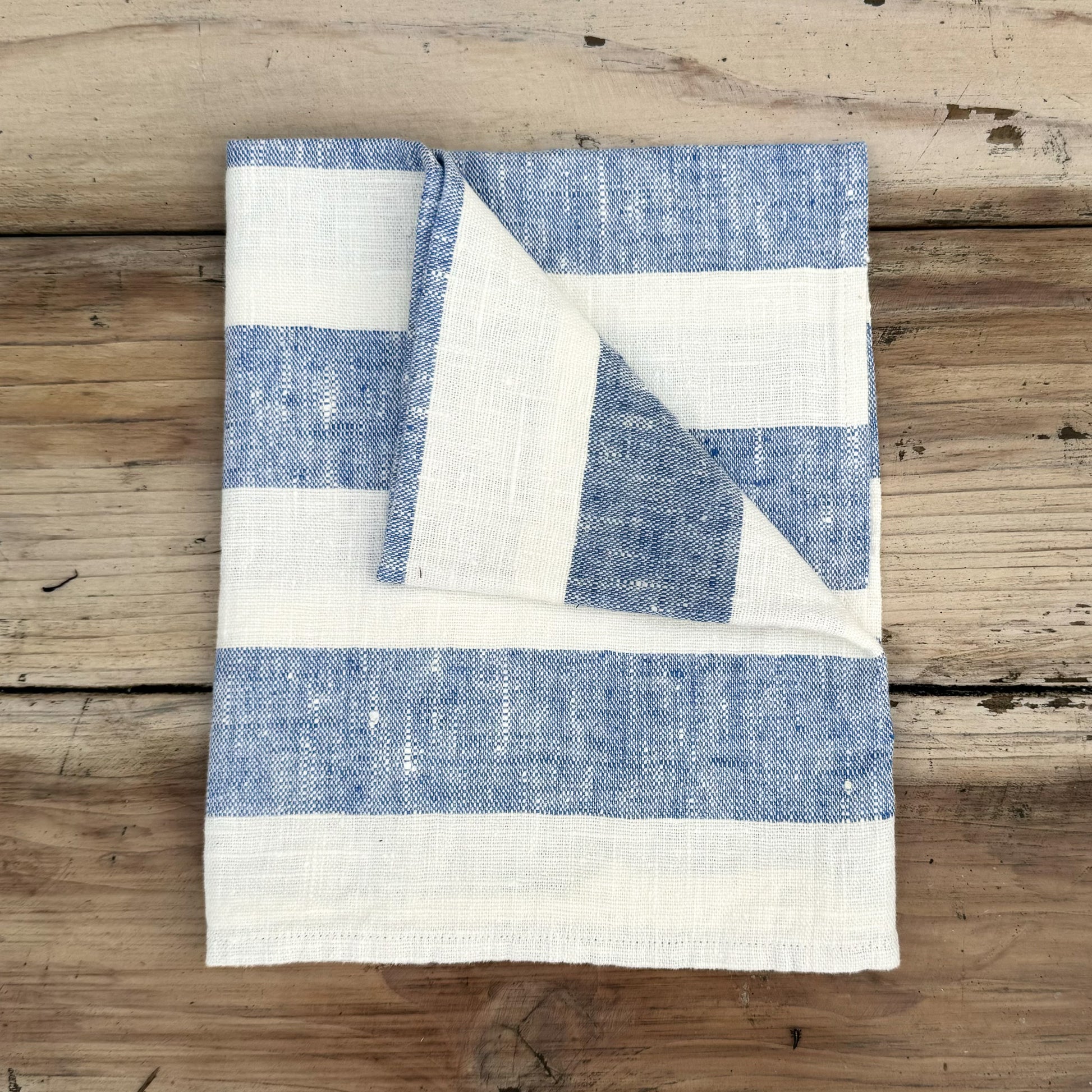 blue and white wide stripe dish towel
