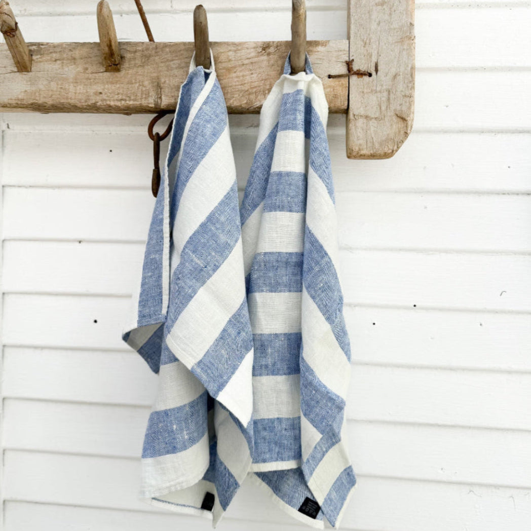blue and white wide striped dish towels