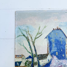 Load image into Gallery viewer, Mostly pastel colored French countryside scene with cobalt blue building