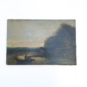 rectangle vintage oil painting of two men in boat in foreground and trees on the right and horizon in background