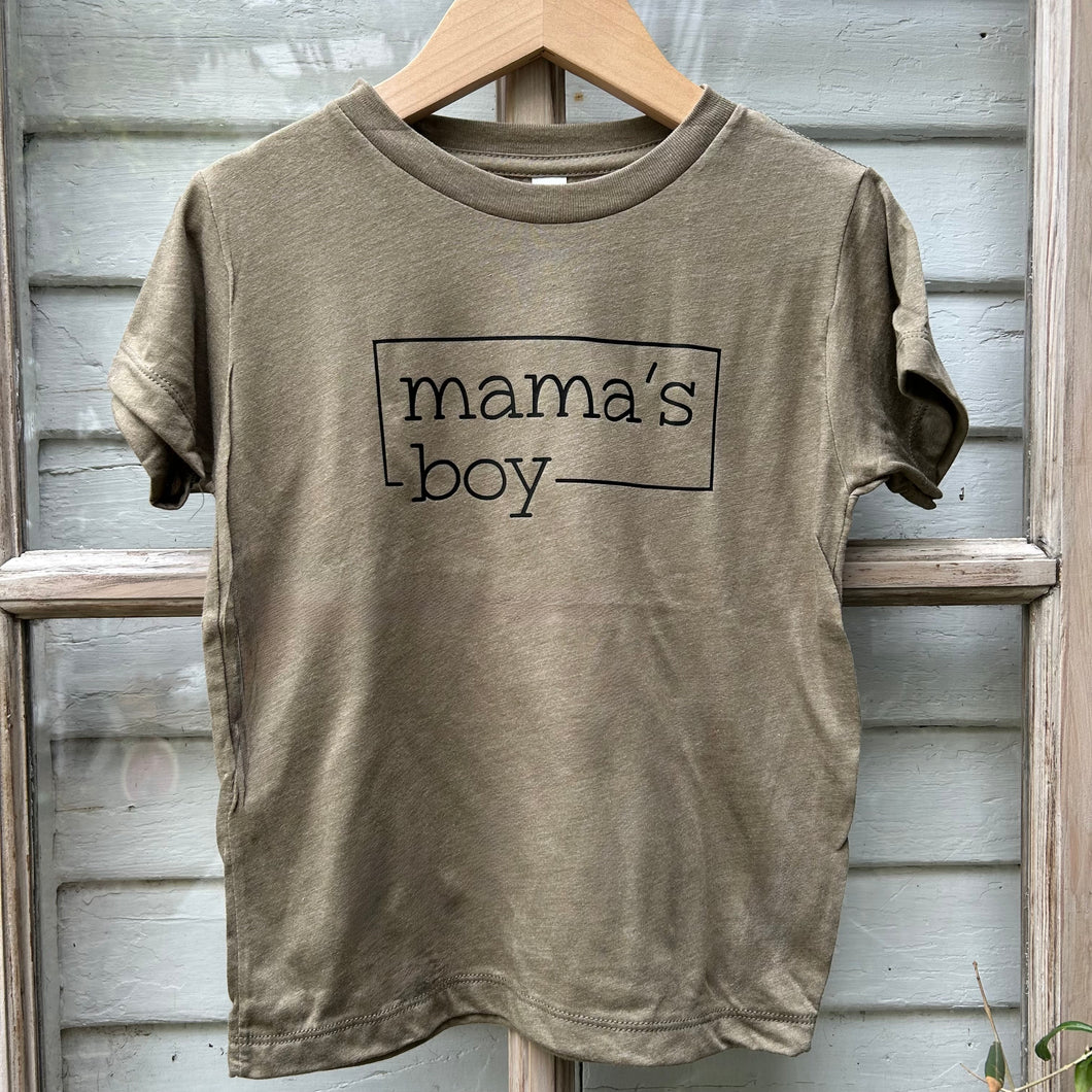 army green tee shirt with MAMA'S BOY written in black