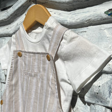 Load image into Gallery viewer, natural colored baby romper overall shirts with white vertical stripes and white tee shirt