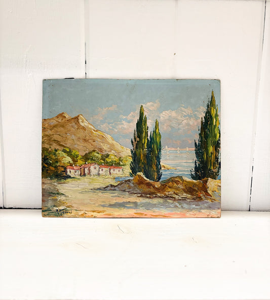 Red Roofs by the Sea Vintage French Painting