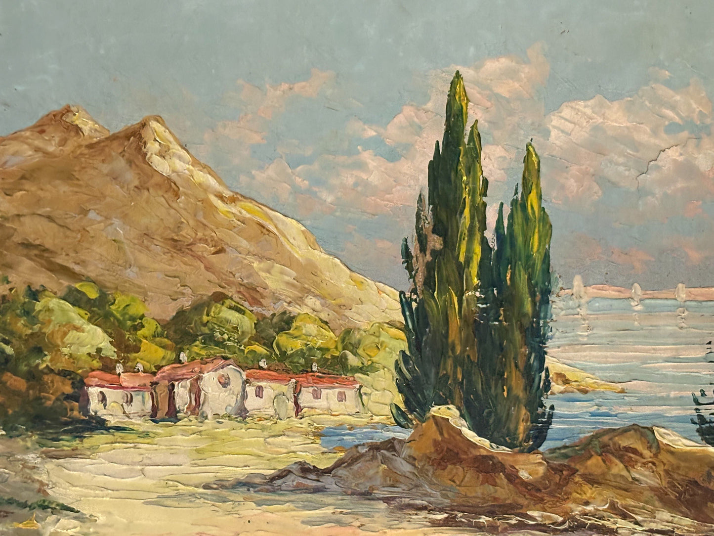 Red Roofs by the Sea Vintage French Painting