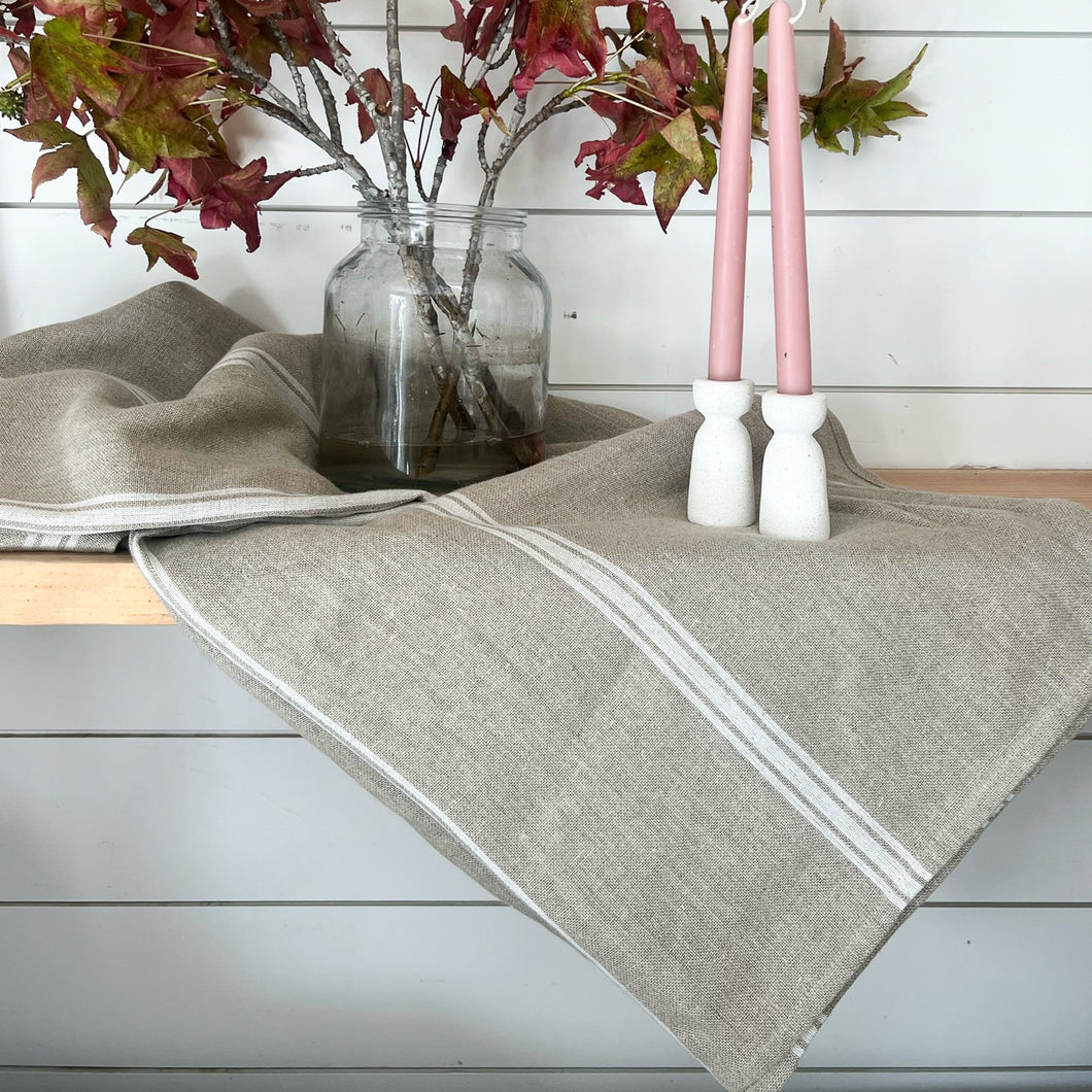 Belgian Linen Tablecloth-White Stripe