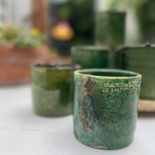 Load image into Gallery viewer, handmade rustic clay cylindrical mug with green glaze and no handle