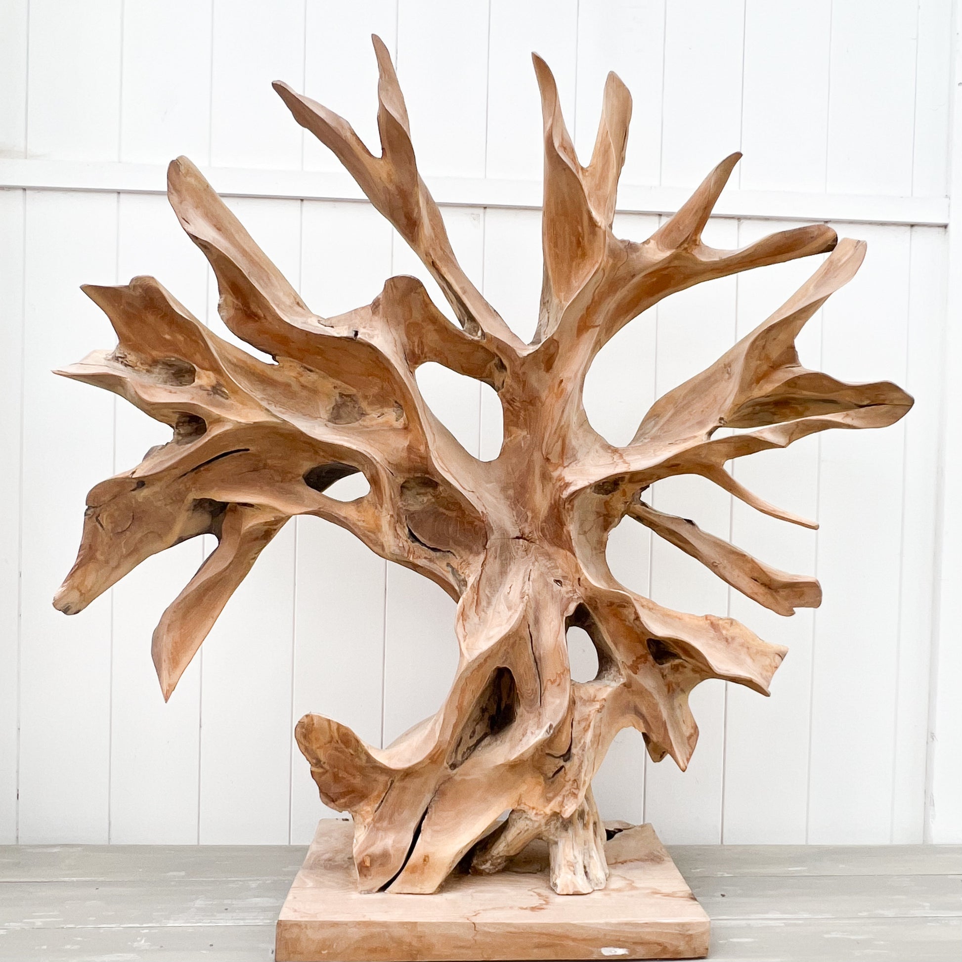 large abstract carved wooden sculpture, somewhat of a resemblance to a bare tree, black base