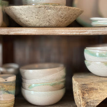 Load image into Gallery viewer, white ceramic bowl with brown speckles and green glaze accent