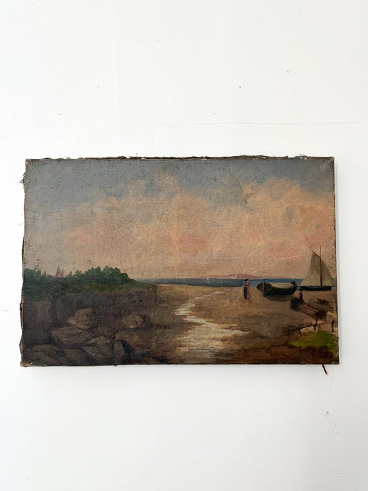 Sailboat on Shore Vintage Painting