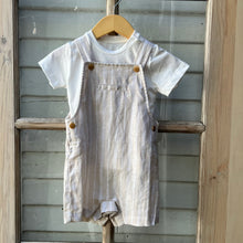 Load image into Gallery viewer, natural colored baby romper overall shirts with white vertical stripes and white tee shirt