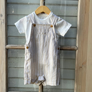 natural colored baby romper overall shirts with white vertical stripes and white tee shirt