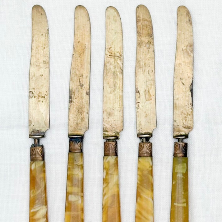Set of five vintage knives with decorative handles on a white background