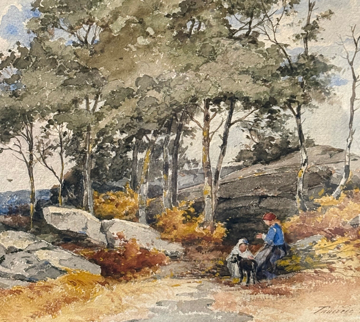 Landscape painting of a person and dog sitting under trees with rocks and grass.