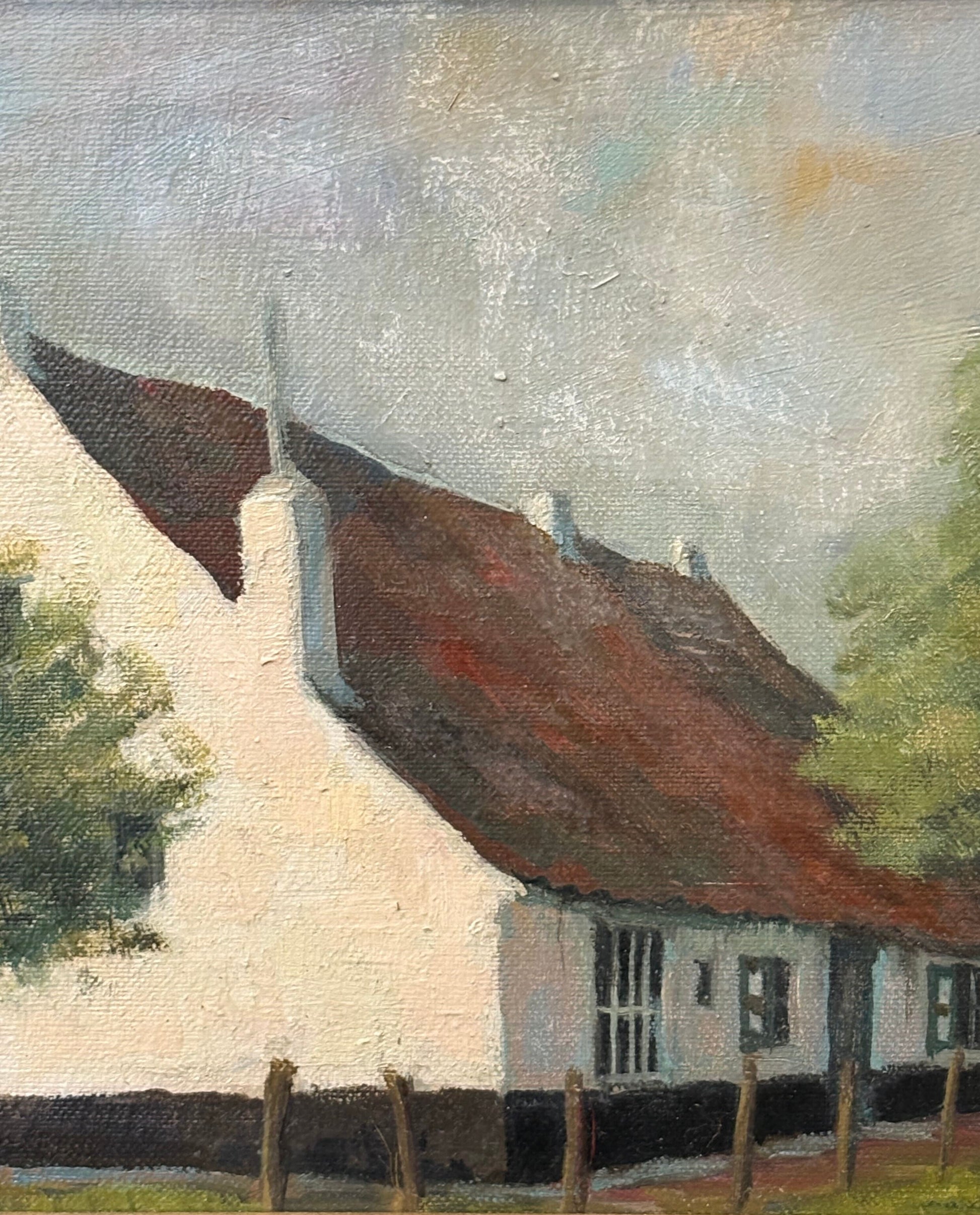 Painting of a white house with a red roof and trees in the background