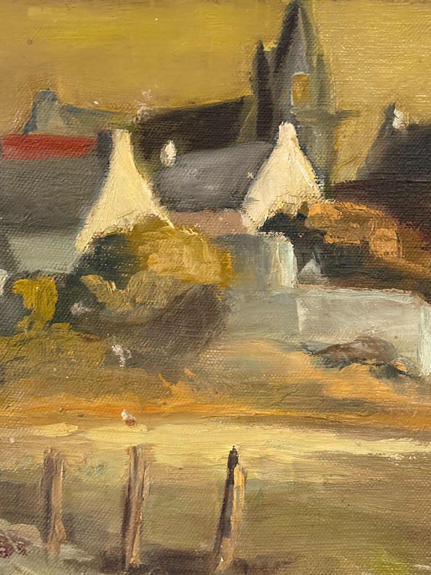 Abstract painting with geometric shapes and earthy tones