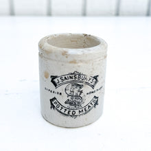 Load image into Gallery viewer, vintage aged ceramic off white jar with black text