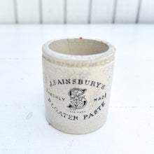 Load image into Gallery viewer, off white vintage crackled ceramic jar with black text 