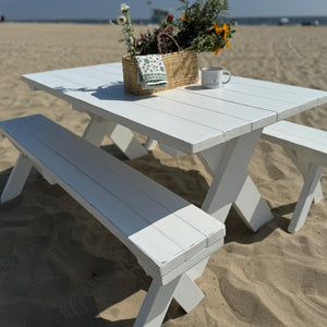 redwood outdoor picnic table and benches painted white