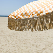 Load image into Gallery viewer, yellow and white checkered Bech umbrella with fringe