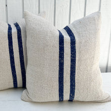 Load image into Gallery viewer, off white grain sack fabric pillow with two navy vertical stripes down the middle