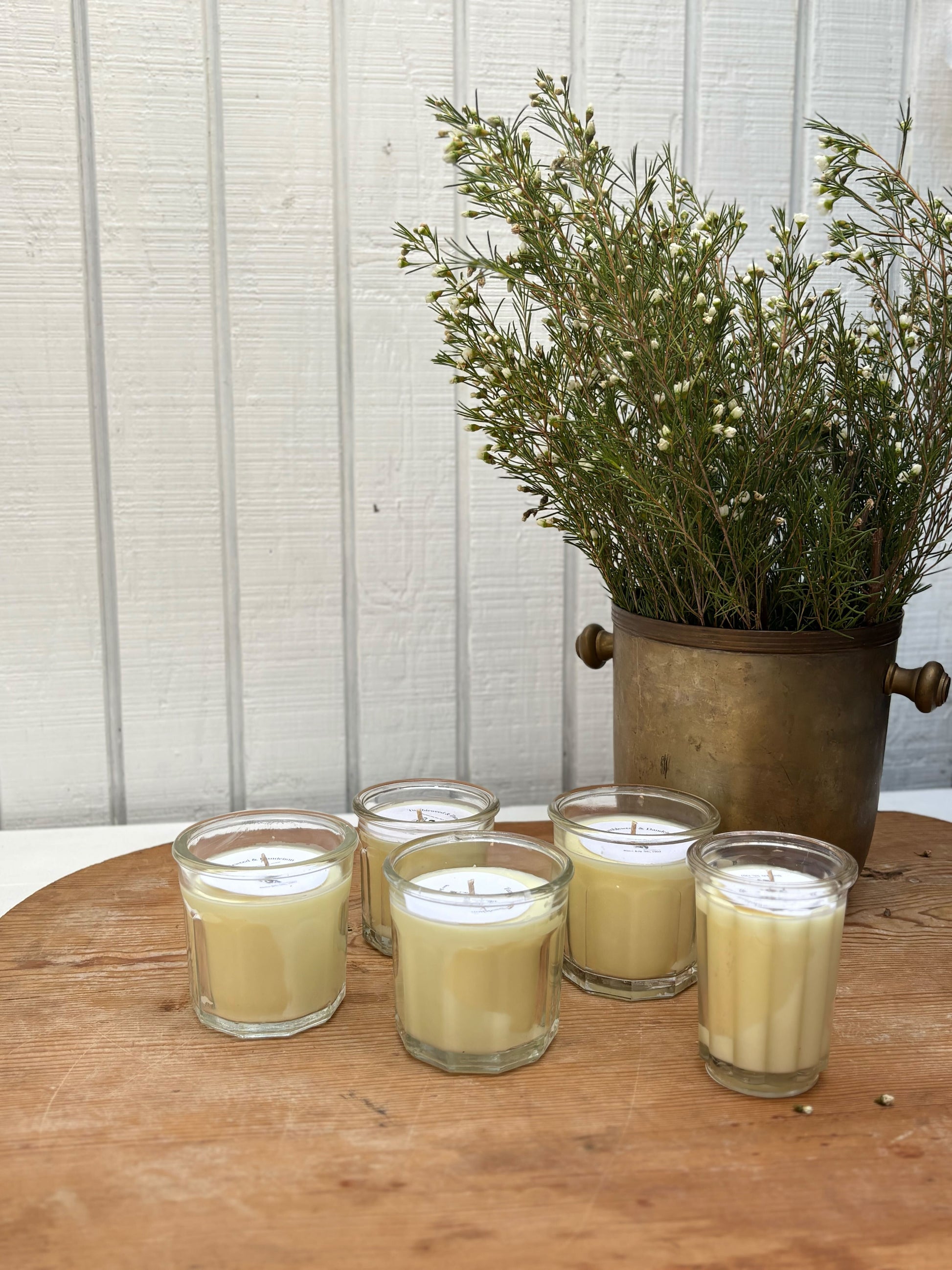 Set of six candles in glass holders on a wooden table with a plant in the background.