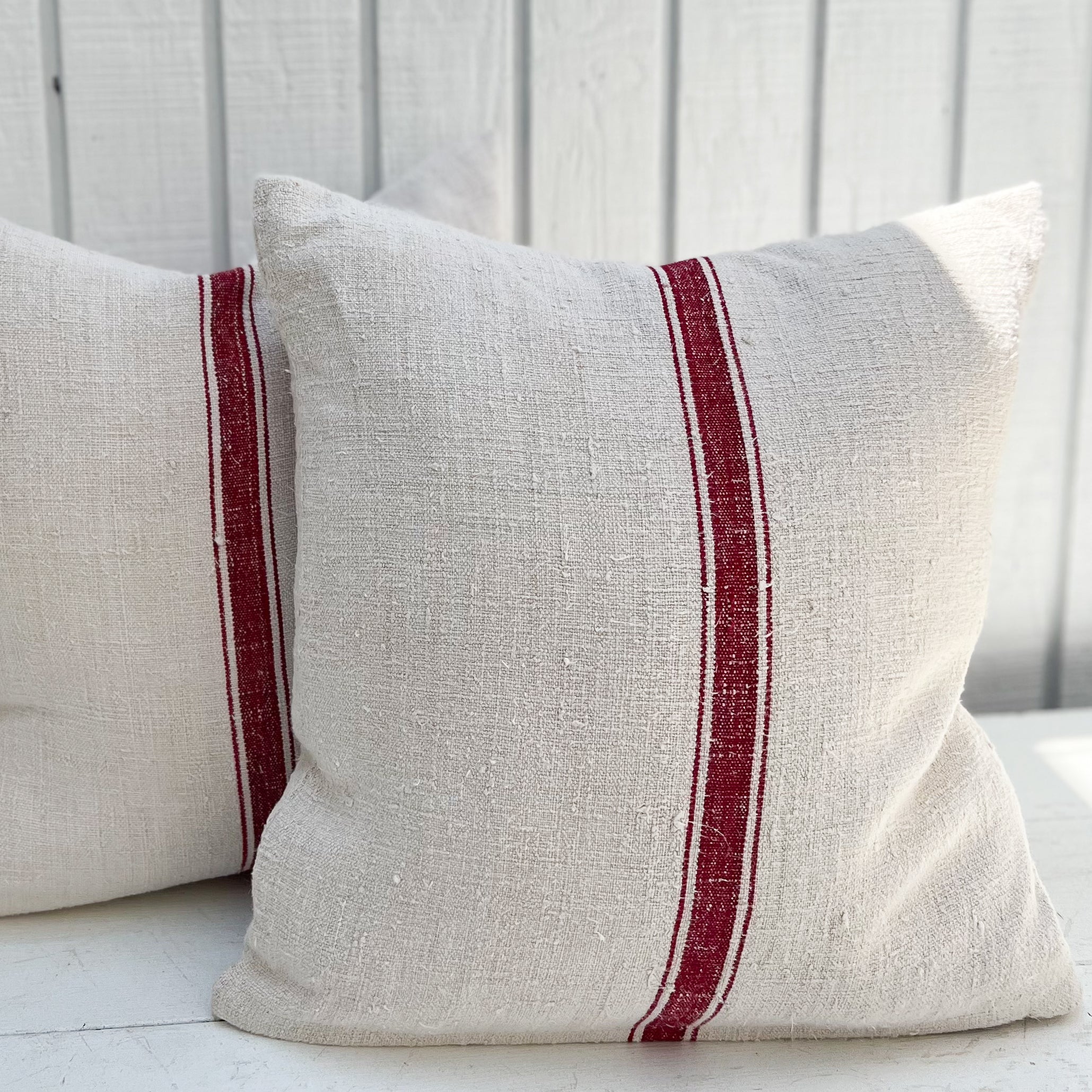 Vintage Red Burlap Stripe Pillow