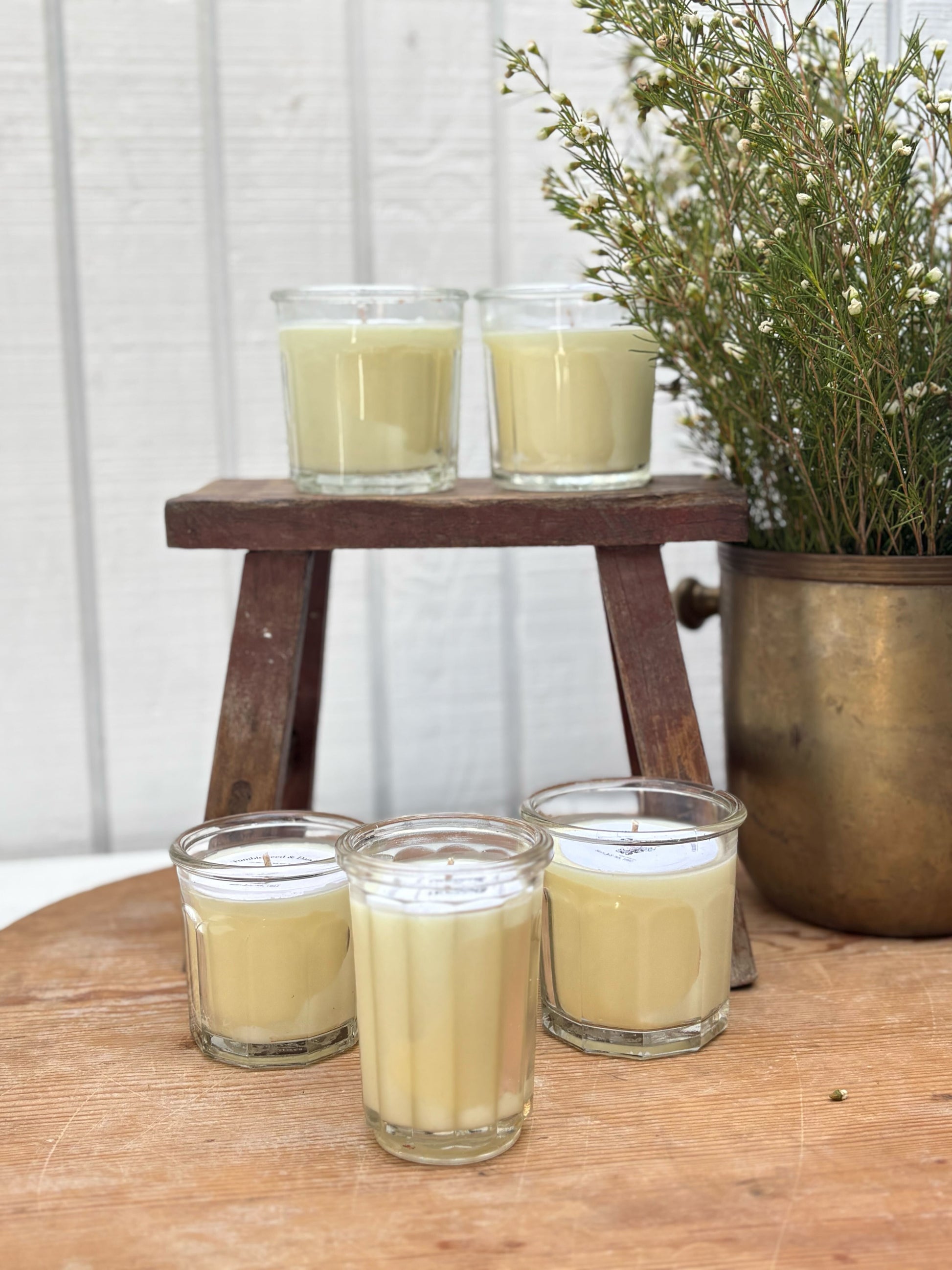 Five small glass jars with candles on a wooden surface, with a plant in the background.