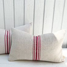 Load image into Gallery viewer, grain sack fabric lumbar pillow with red stripes down the middle