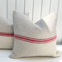 Load image into Gallery viewer, off white grain sack fabric pillow with horizontal red stripes