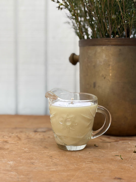 Clear glass pitcher filled with a light-colored liquid on a wooden surface with a blurred plant in the background.
