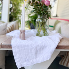 Load image into Gallery viewer, linen white table cloth on wood table with pink flowers and taper candles
