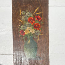 Load image into Gallery viewer, still life painting on brown wood with soft yellow, blue and poopy flowers in a blue green vase