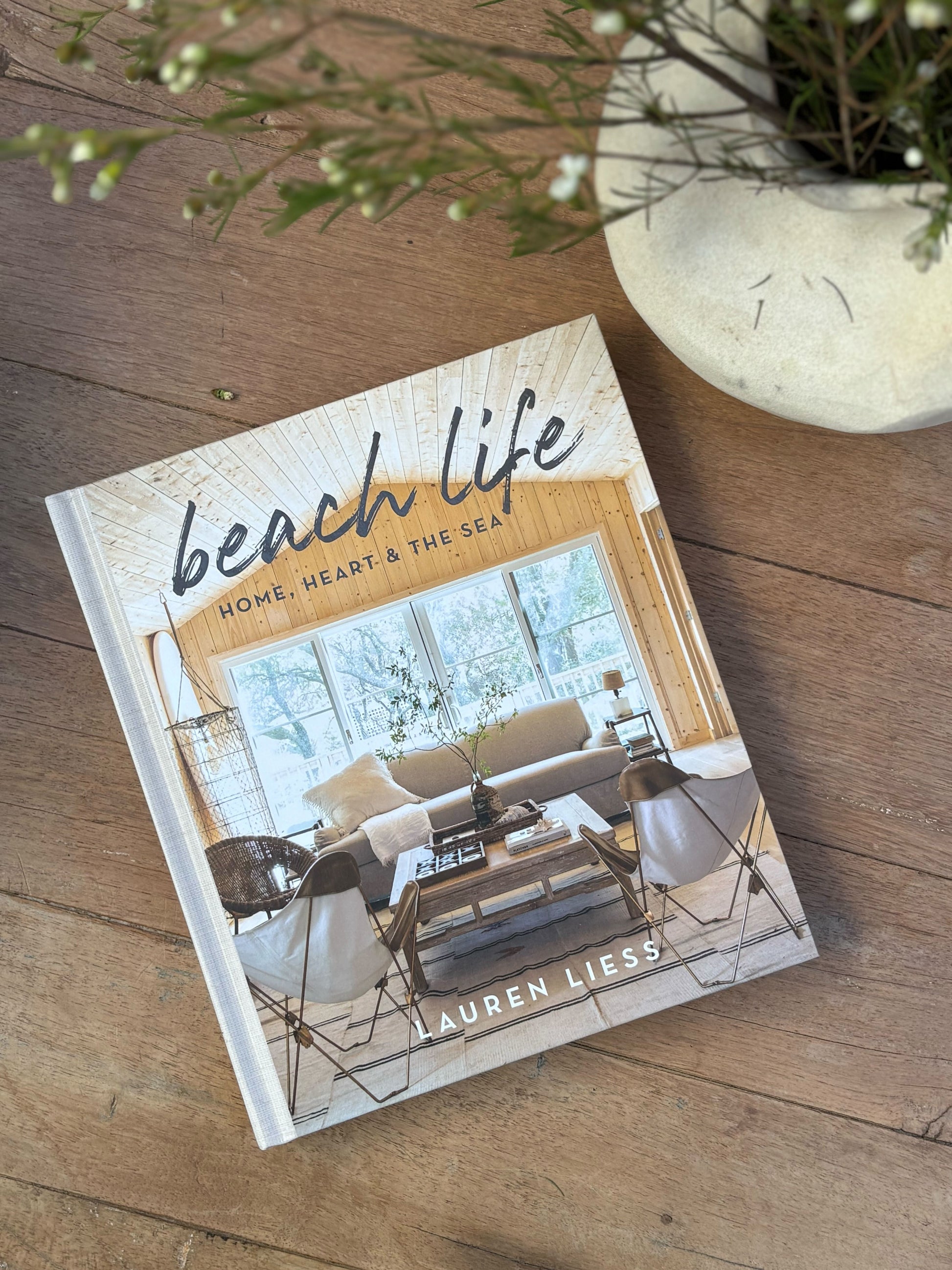 Book titled 'Beach Life' by Lauren Liess on a wooden surface with a plant in the background.