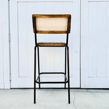 Load image into Gallery viewer, metal framed barstool with brown leather seat and cane back